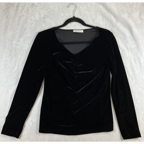 Black Velvet Long Sleeve Blouse Witchy Goth Vampire Whimsy V-Neck Pleated Medium - Picture 1 of 9